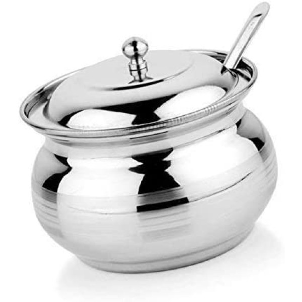 Super Shyne Stainless Steel  Ghee Pot /Storage Pot with Spoon for Oil Ghee, salt, tea, coffee, spices, dry fruits, sugar (1)