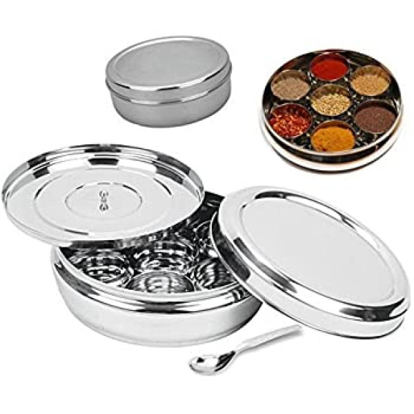 Vinod 10 pcs Spice Box  set includes 9 Bowls, 1  Spoon,  1 Flat lid & 1 Closure lid